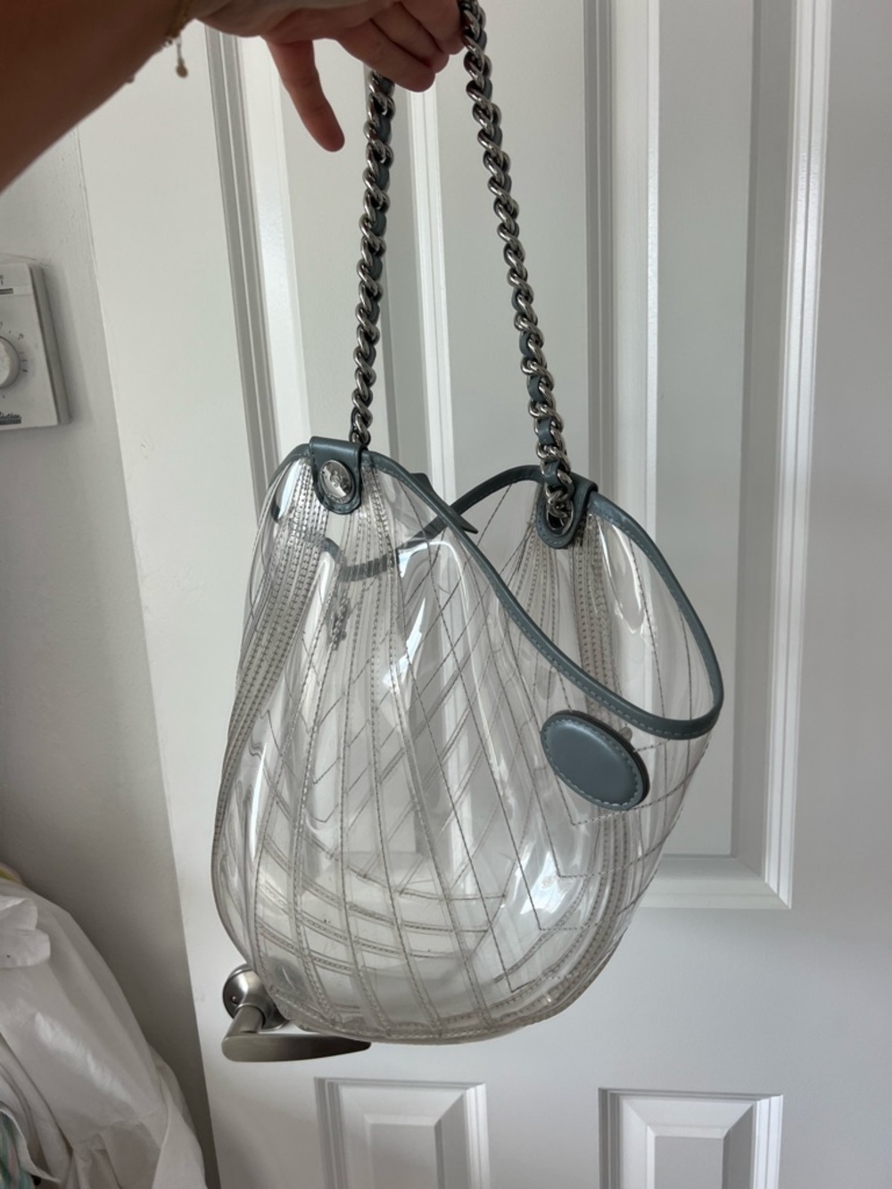 CHANEL Clear PVC Shoulder Bag with Light Blue Trim